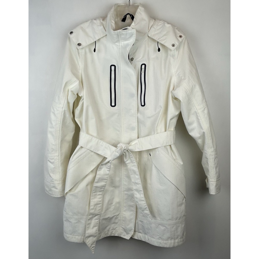 Lands End Trench Coat Womens Large Jacket Belt Hood Old Money Quiet Luxury